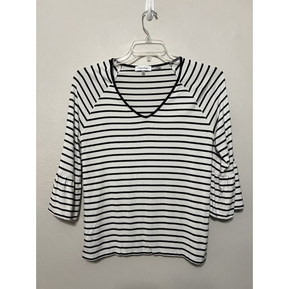 Calvin Klein Striped V-Neck Knit Top Blouse 3/4 Bell Sleeve Pullover Oversized S
